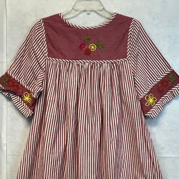 BECHAMEL Embroidered Floral Cotton Dress Small Red White Stripes Pockets Garden - Picture 12 of 15